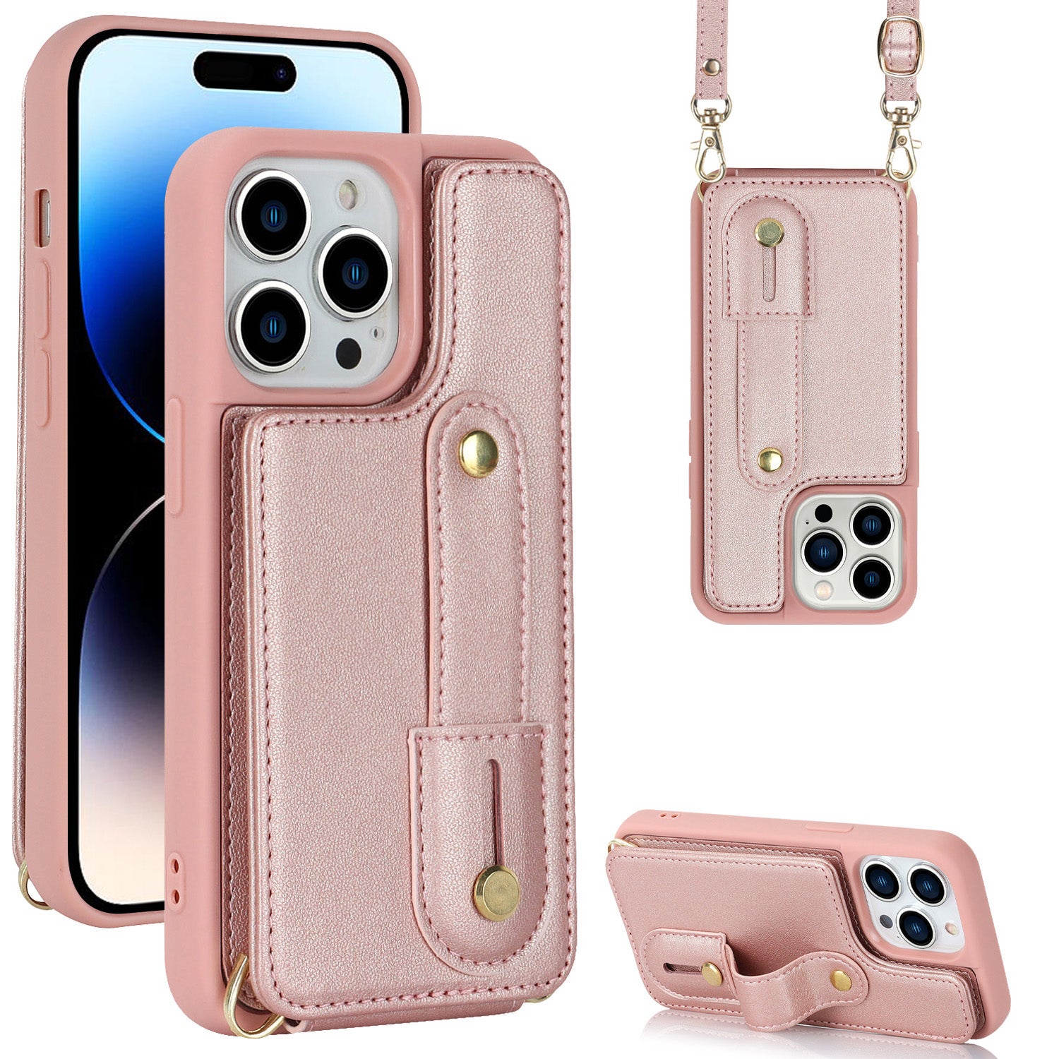 For iPhone 14 Pro Max Wristband Kickstand Phone Case Leather+TPU Cover with Card Holder For iPhone 14 Pro Max Wristband Kickstand Phone Case Leather+TPU Cover with Card Holder